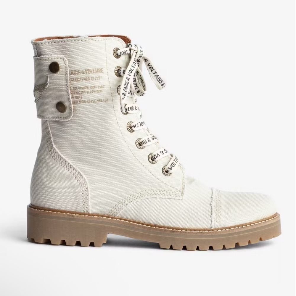 NWT Zadig & Voltaire Joe Canvas Women's Cream Combat Boots in Flash in Box